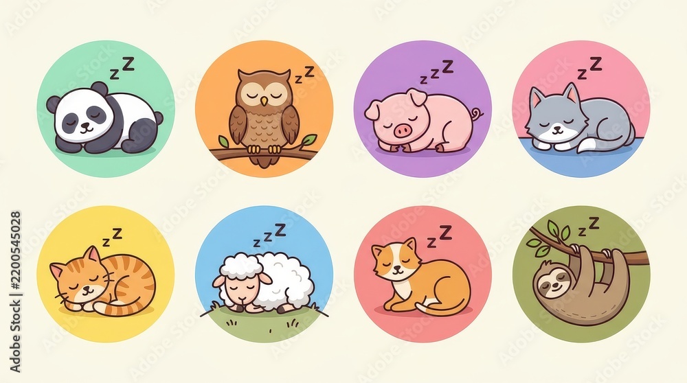 Fototapeta premium Cute Sleeping Animals Icon Set Featuring Panda Owl Pig Wolf Cat Sheep and Sloth in Kawaii Cartoon Style