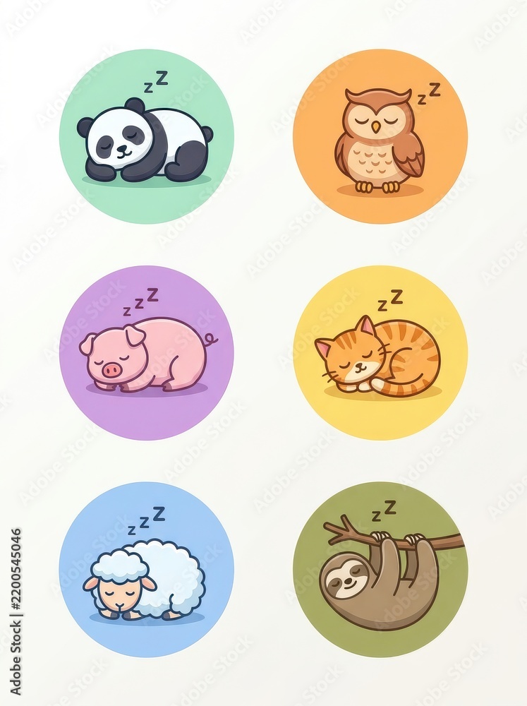 Fototapeta premium Cute Sleeping Animals Icon Set - Kawaii Panda, Owl, Pig, Cat, Sheep, and Sloth Vector Illustrations for Kids