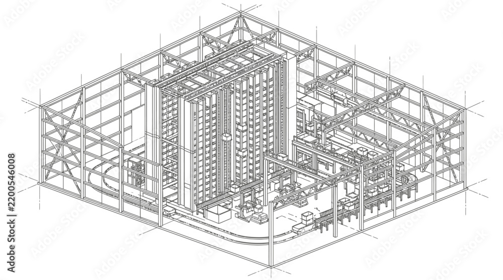 Fototapeta premium Isometric wireframe illustration presents a sprawling industrial complex featuring multiple connected structures and an intricate internal layout.