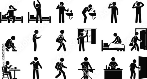 Set of black stick figure icons representing daily morning routine and activities