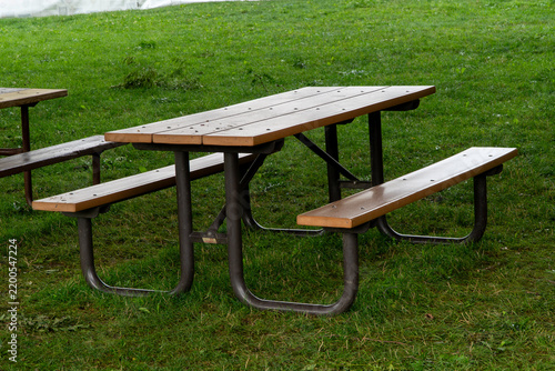 Картината върху платно Empty outdoor picnic table with wooden planks and sturdy metal frame, set on lush green grass in a public park, inviting relaxation, dining, and family gatherings in nature