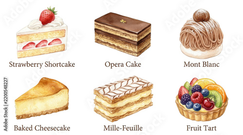 王道の洋菓子水彩イラストセット・パティスリー素材　Classic Patisserie Collection with Watercolor Cake Illustrations