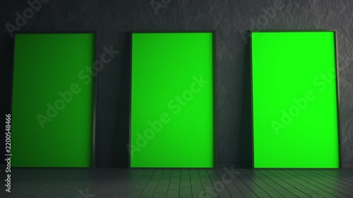 Three Green Screen Poster Frames in Modern Dark Interior Mockup
