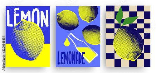 Colorful pop art style poster set with fresh yellow lemons in halftone collage texture, vector illustration. Ideal for pattern, print, card, fabric, banner, cover.