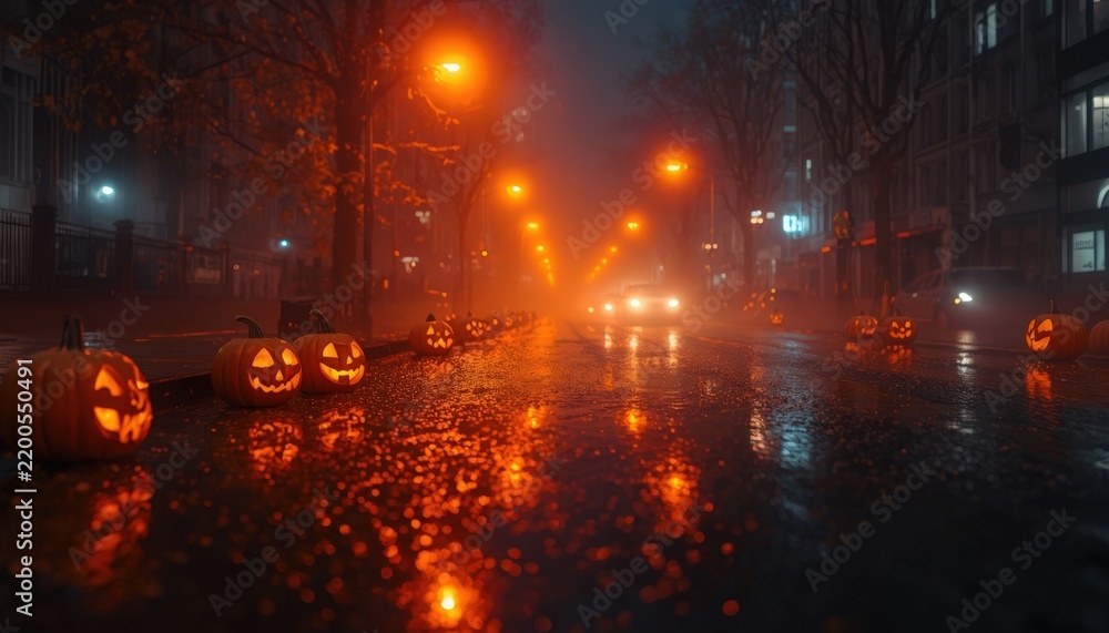 Fototapeta premium Glowing jack o lanterns lining a wet city street during a foggy and dark halloween night