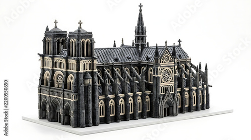 Miniature knitted gothic cathedral model on white background, macro photography style