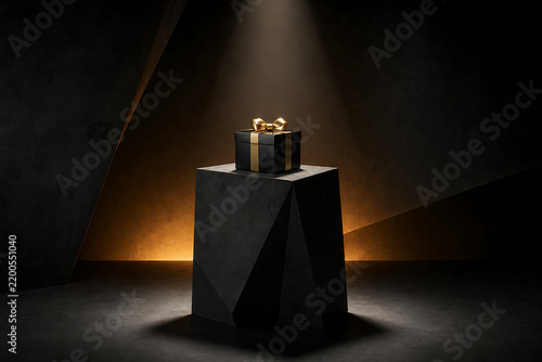 Black gift box with golden ribbon on dark podium with spotlight, 3D render style