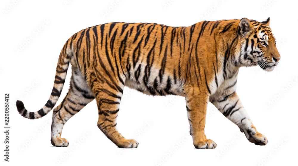 Fototapeta premium Adult bengal tiger walking in profile view.