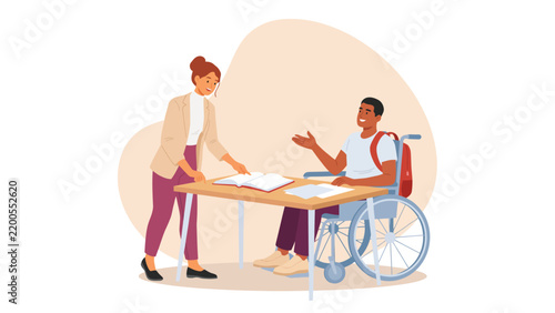 Accessible workplace meeting with wheelchair user and colleagues discussing documents at a table, diversity and inclusion concept, minimalist flat vector illustration