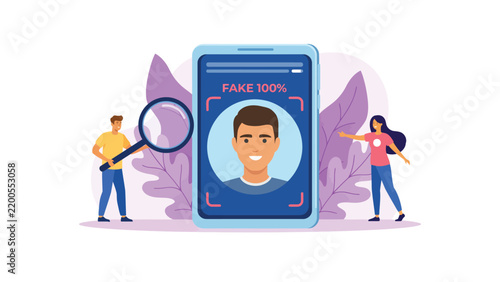 Fake profile concept with smartphone showing a false account, people examining social media identity, digital misinformation and online security illustration