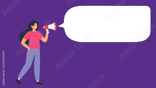 Woman holding a megaphone with blank speech bubble on purple background, communication and announcement concept, minimalist flat vector illustration