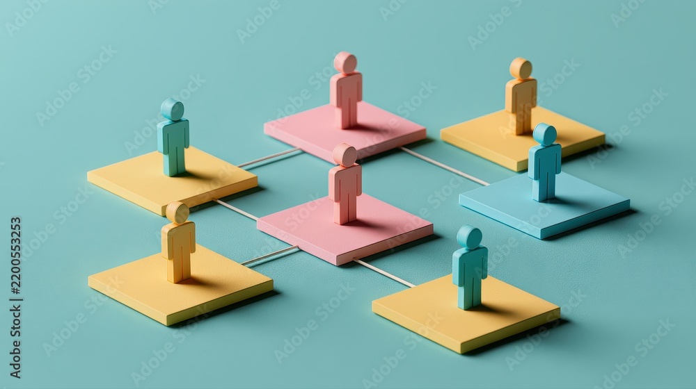 Obraz premium Strategic planning symbolic people distribution organizational chart business modeling management process visual communication flat design side view consulting theme 3D render colored pastel. 