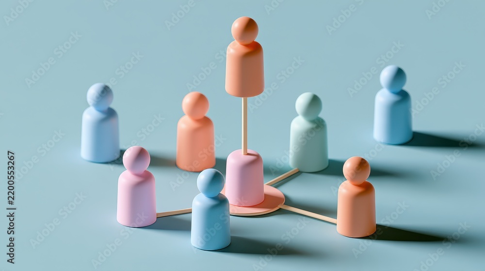 Obraz premium Strategic planning symbolic people distribution organizational chart business modeling management process visual communication flat design side view consulting theme 3D render colored pastel. 
