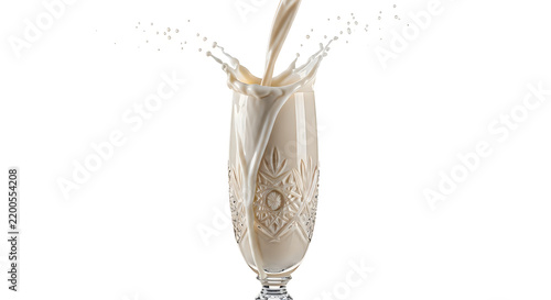 Fresh cold milk splashing out of an elegant crystal glass isolated on a white background