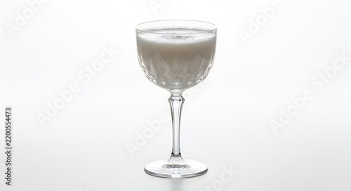 Elegant crystal coupe glass filled with frothy white creamy cocktail drink