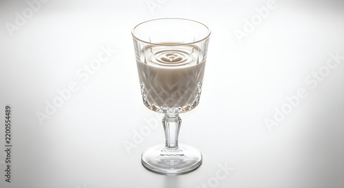 Crystal glass filled with fresh white milk showing a small ripple on the surface against a white background