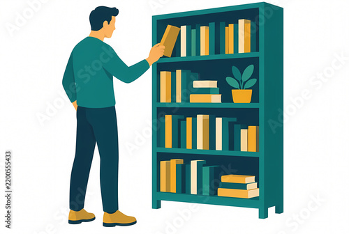 Flat vector illustration of a man standing and choosing a book from a large teal bookshelf, conceptual image for education, literature, library, bookstore, and personal hobby.