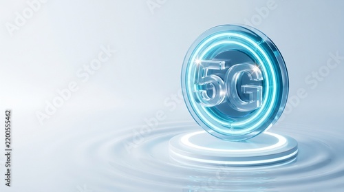 Shiny blue 5g network symbol glowing on a circular platform representing modern high speed wireless technology