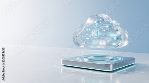 Digital cloud computing concept with floating glass cloud icon and glowing circuit board lines on a modern desk