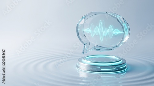 Glass speech bubble icon with digital sound wave audio signal glowing on a modern round technology platform