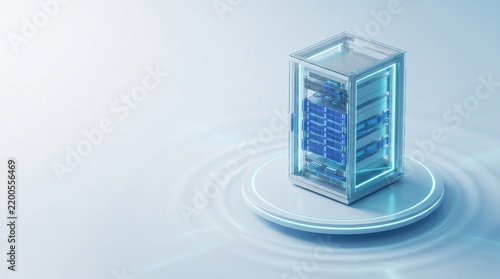 Modern server rack unit standing on a glowing circular platform representing cloud computing and data storage