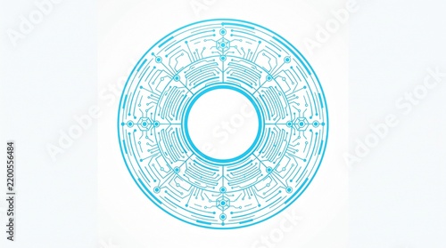 Circular blue and green electronic circuit board pattern with a hole in the center for technology background
