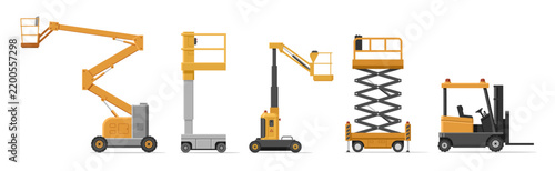 Collection of industrial lifting equipment: boom lifts, scissor lifts, forklift