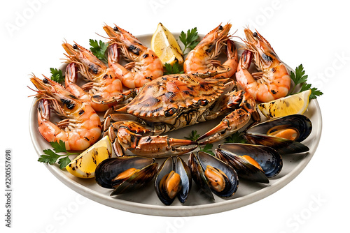 Grilled mixed seafood platter with whole crab, tiger shrimps, mussels, charred lemon wedges and parsley on ceramic plate