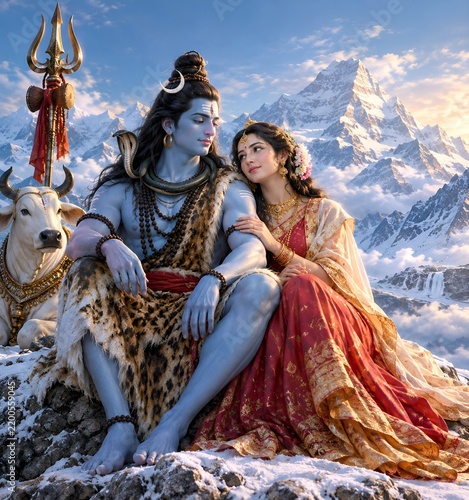 Devotional illustration of Lord Shiva and Goddess Parvati sitting together on Mount Kailash with Himalayan background. Hindu god and goddess showing love and spirituality, ideal for Shivratri, religio