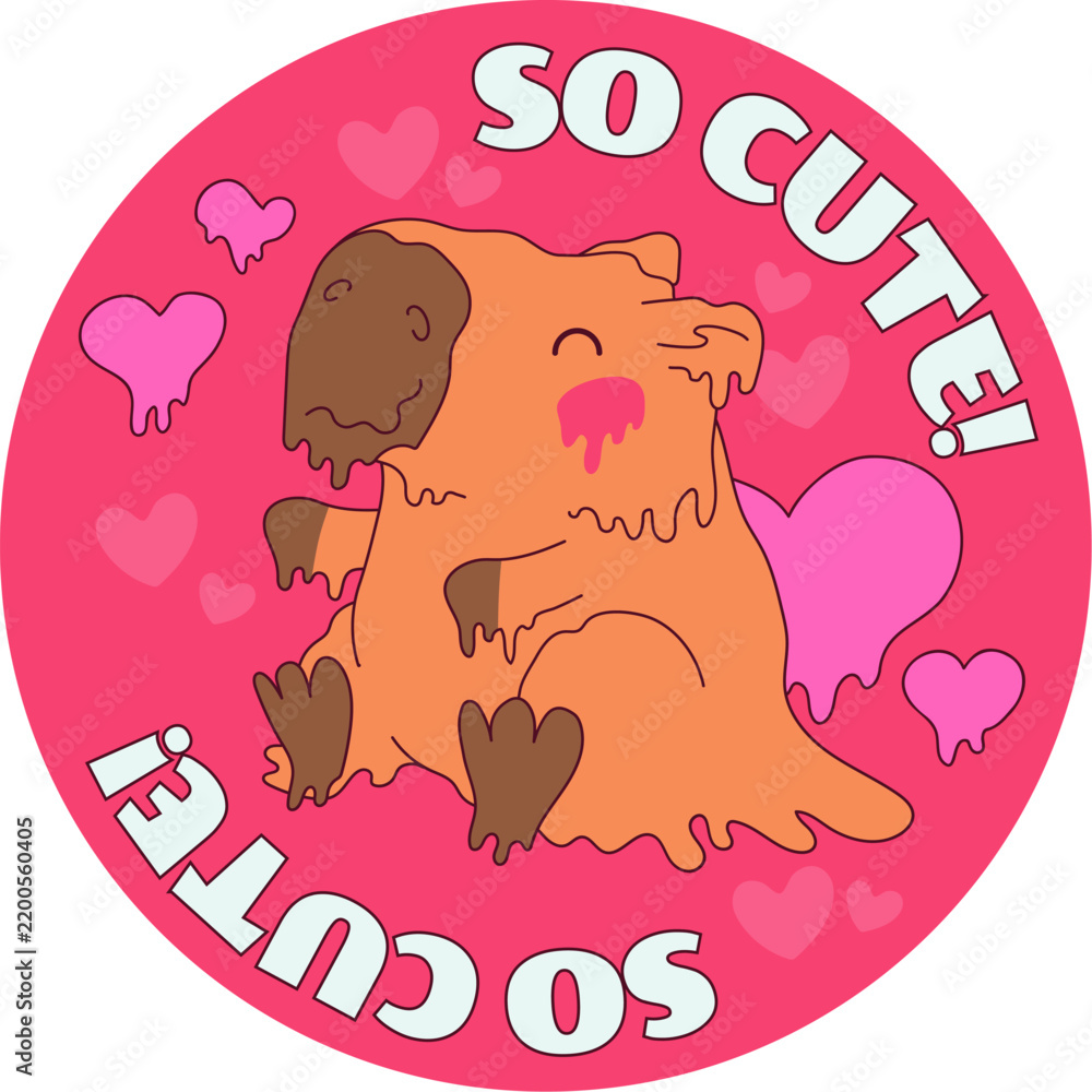 Obraz premium Cute capybara hearts romantic quote sticker vector design pink adorable. Rodent sitting surrounded pink hearts typography so cute flat style illustration