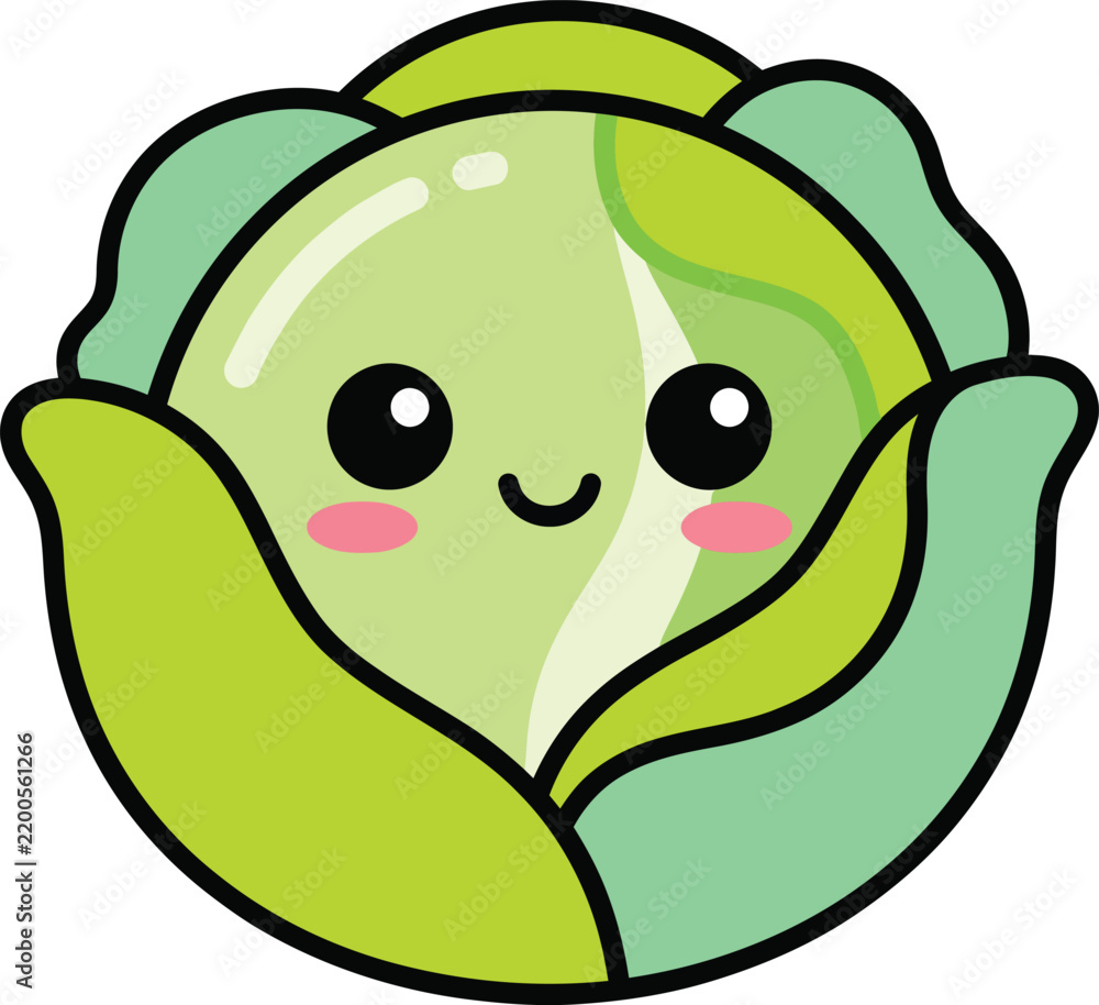 Fototapeta premium Cute Smiling Cabbage Character Sticker Vector Illustration for Kids and Baby Shower