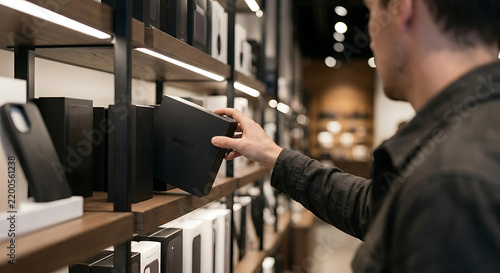 Man buying black gadget box in modern electronics store shelf, cinematic style