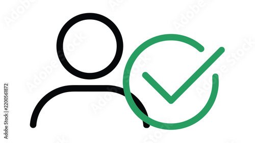 User profile with green check mark symbolizing account verification, approval, identity confirmation and successful registration, minimalist flat vector icon
