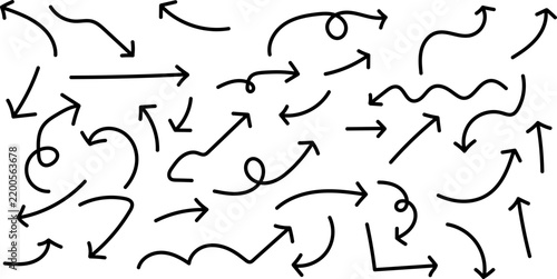 A collection of various hand drawn arrow shapes and doodle pointers presented as an isolated object on transparent isolated on transparent background