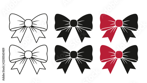 Elegant set of ribbon bow tie vector icons in outline black silhouette and red decorative design elements for gift wrapping party invitation isolated on white background