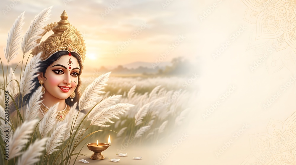 © Color Cultura - Goddess durga with kash flowers and diya for durga puja festival background © Color Cultura - Goddess durga with kash flowers and diya for durga puja festival background