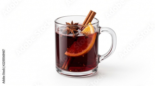 Mulled wine in a glass mug with spices and citrus on a white background
