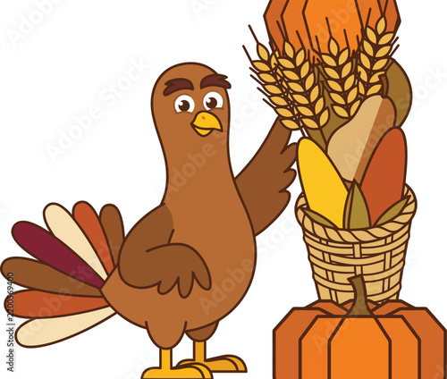 Cute turkey standing with vertical harvest basket vector illustration