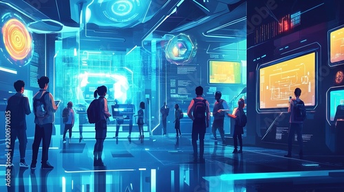 A futuristic school with vector illustrations of students using AR and AI tools for interactive learning.