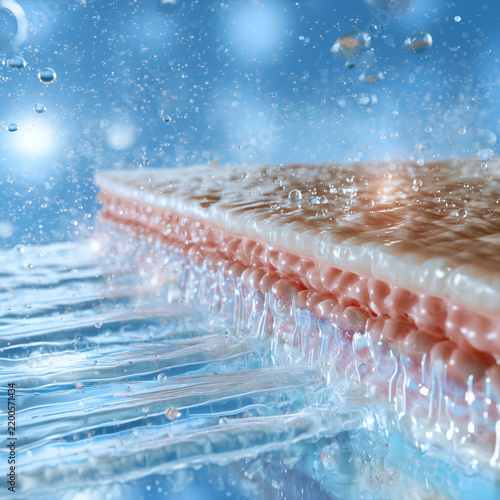 Scientific visualization of healthy human skin barrier, highly detailed realistic cross-section of human skin showing intact skin barrier, organized skin cells, hydrated epidermis, protective