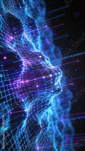 Visual representation of a digital face made of lines and lights in a dark space, created with computer graphics and technology