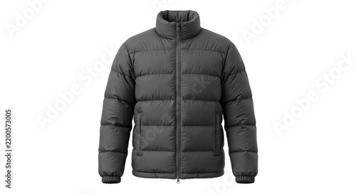 Foto Stylish dark gray puffer jacket with a high collar and full zipper, captured on