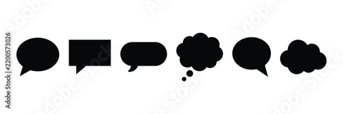 Selection of solid black speech bubbles and thought cloud silhouettes with speech bubble