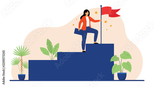 Businesswoman Climbing Steps and Planting Flag Leadership Goal Achievement and Career Success Flat Vector Illustration