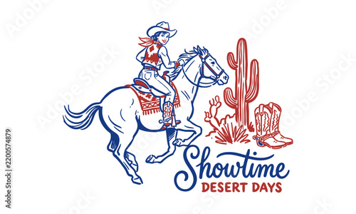 Vintage style cowgirl riding horse through desert cactus scenery with boots