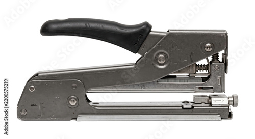 Sturdy silver metal staple gun with a black ergonomic handle is presented in a side view on a clean white background