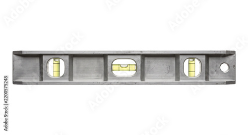 Quadro su tela Sturdy gray metal spirit level with three yellow vials is precisely aligned on a
