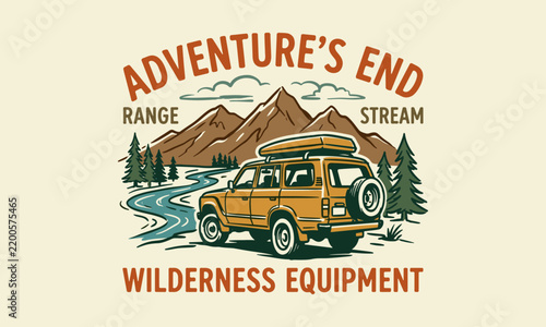 Retro off road SUV illustration with mountain range and stream for wilderness adventure gear.