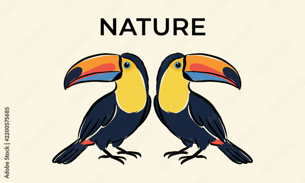 Obraz premium Vector illustration of two colorful toucans with the text nature for a tropical design.