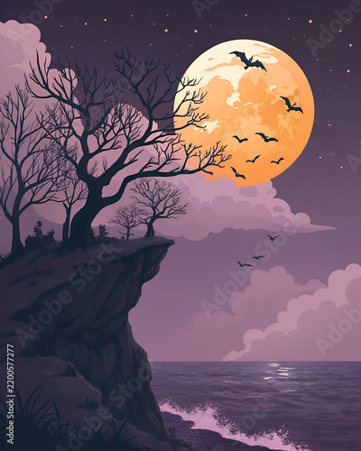 Spooky Coastal Cliff Rocky coastal cliff under a giant orange moon, dark ocean stretching into the distance, twisted tree silhouettes along the cliff edge, flying bats, purple clouds and subtle mist